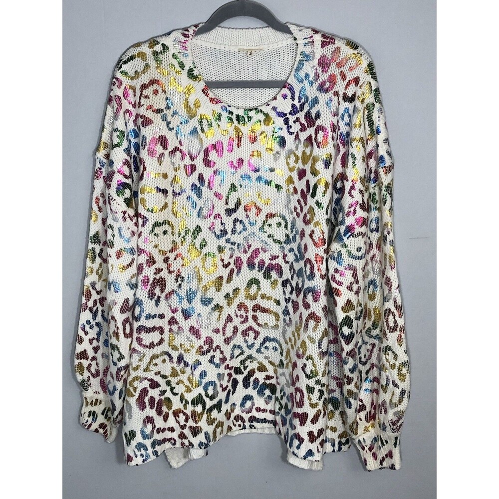 JODILF Chunky Knit Metallic Rainbow Print Leopard Oversized Sweater Sz L EUC